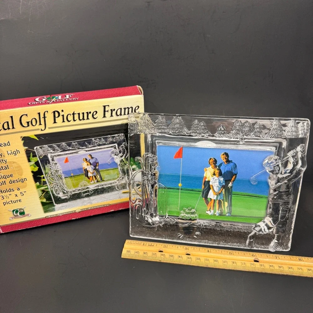 Vtg Lead Crystal Golf Picture Frame Clear Glass Tabletop Horizontal 3D‎ Orig Box